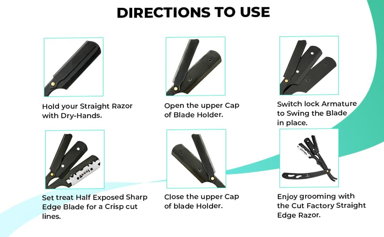 The Cut Factory® Straight Razor for Men Professional Barber Straight Edge Razor for Comfortable Smooth Shave. Gift Box Leather Pouch 20 Single Edge Blades. Our Blades Never Fall