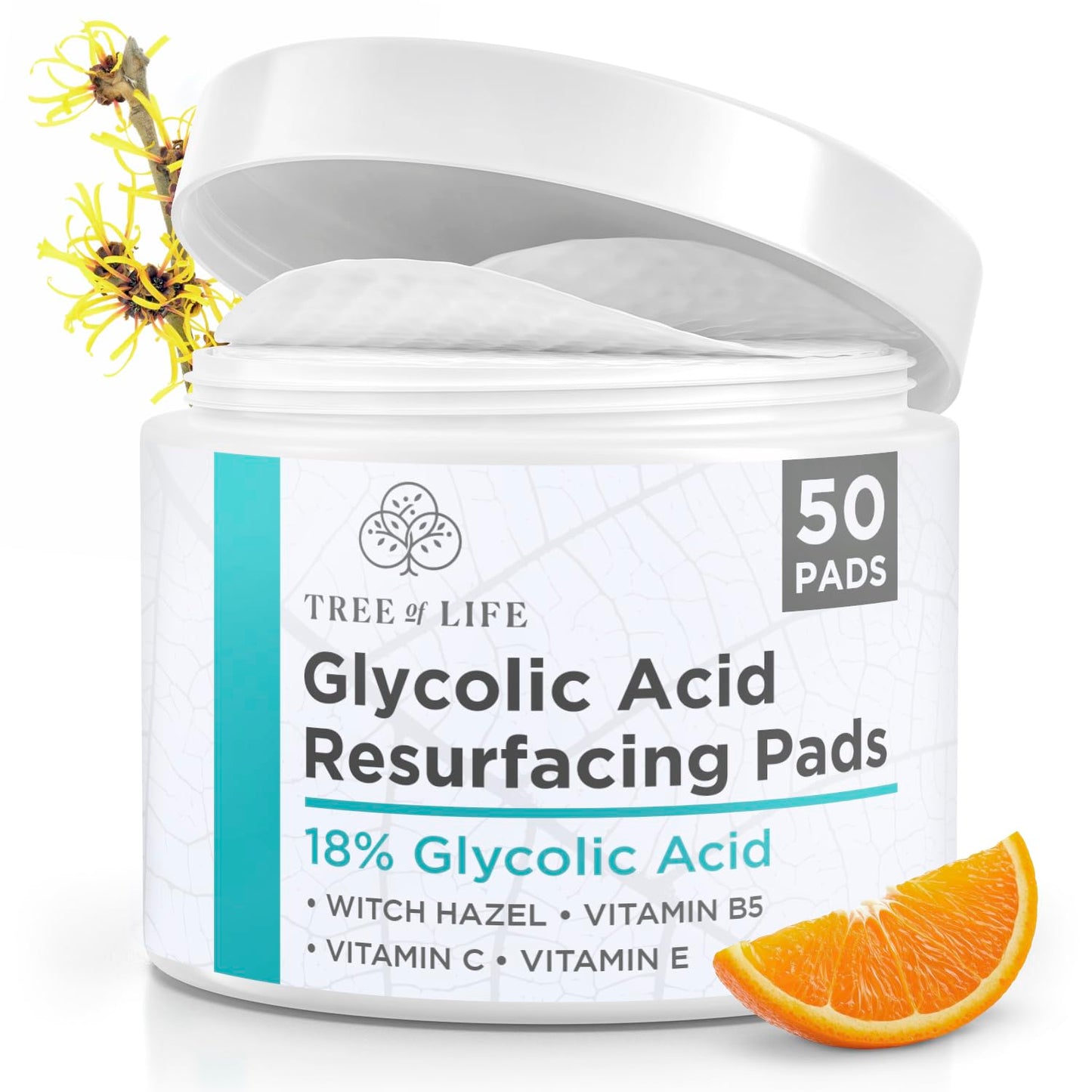 18% Glycolic Acid Pads for Face (50 Pads) - Exfoliating Pad for Face with Witch Hazel, Vitamin C, Vitamin B5 and Vitamin E - Smooth Pore Pad Reduce Pigmentation and Fine Lines