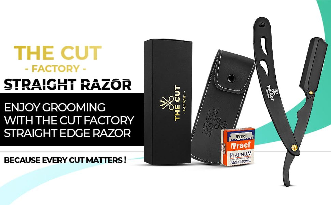 The Cut Factory® Straight Razor for Men Professional Barber Straight Edge Razor for Comfortable Smooth Shave. Gift Box Leather Pouch 20 Single Edge Blades. Our Blades Never Fall