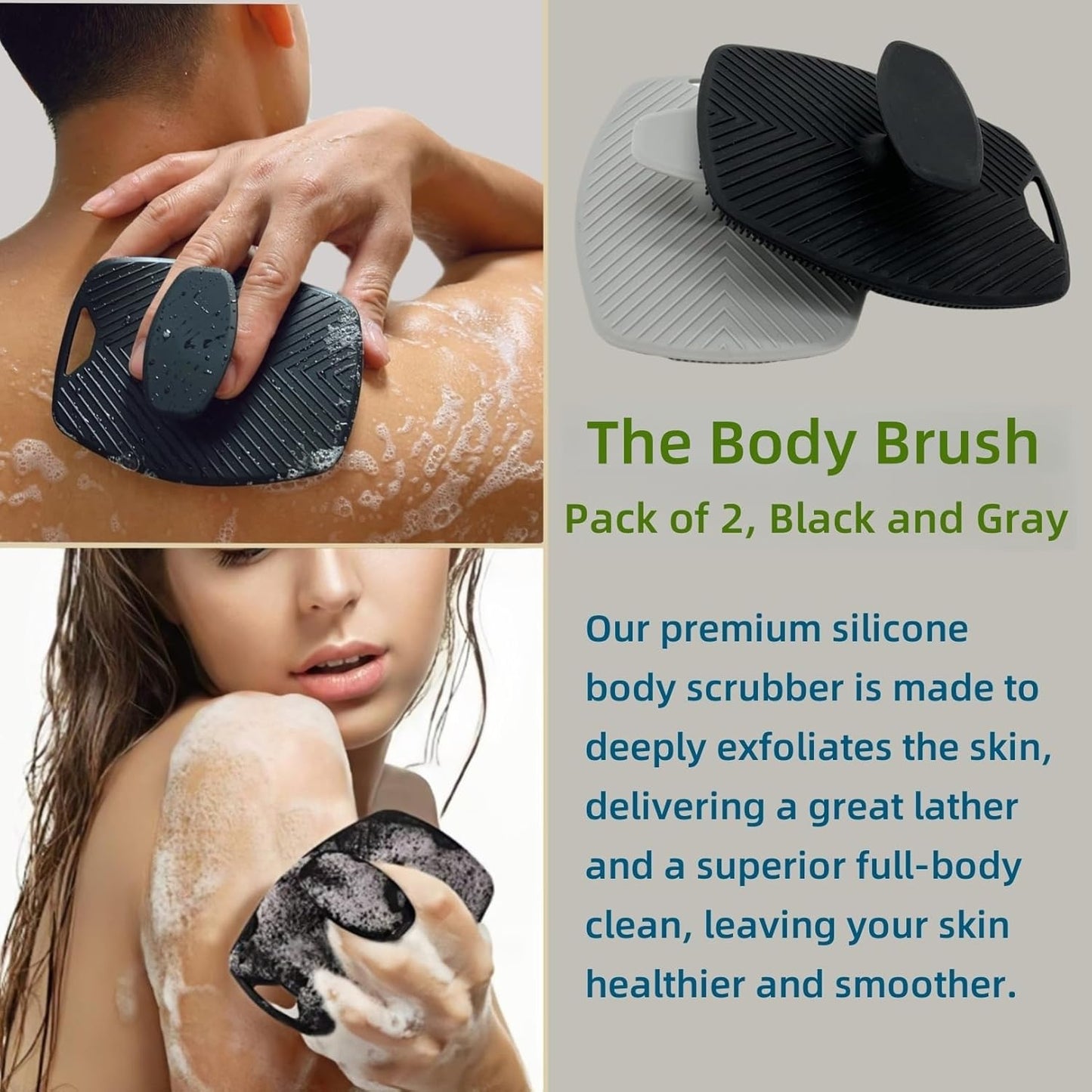 Food-Grade Silicone Body Scrubber, Highly Elastic Bristles Handheld Brush for Shower, Lather Well and Gentle Exfoliating, Makes Skin Smooth, for Women and Men, 2 Pack, Black and Gray