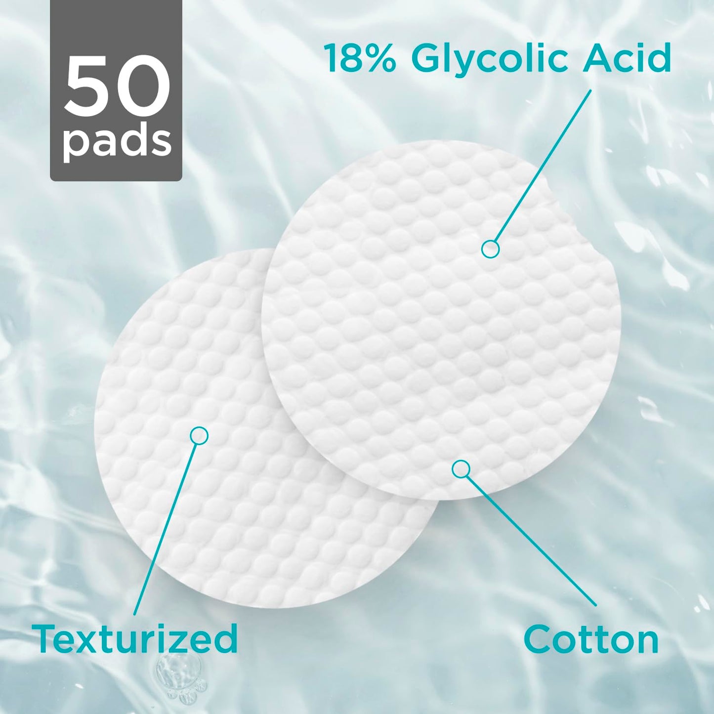 18% Glycolic Acid Pads for Face (50 Pads) - Exfoliating Pad for Face with Witch Hazel, Vitamin C, Vitamin B5 and Vitamin E - Smooth Pore Pad Reduce Pigmentation and Fine Lines
