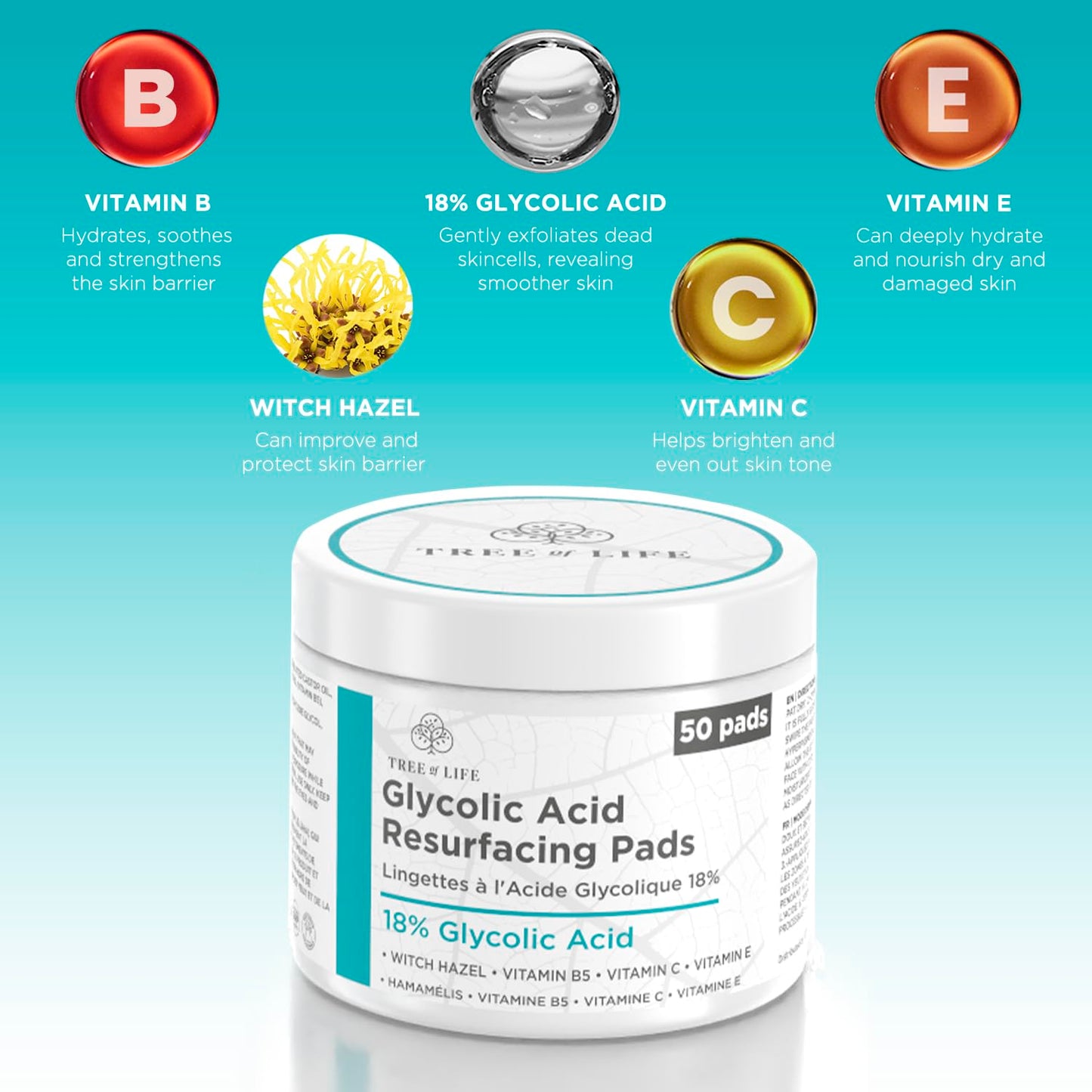 18% Glycolic Acid Pads for Face (50 Pads) - Exfoliating Pad for Face with Witch Hazel, Vitamin C, Vitamin B5 and Vitamin E - Smooth Pore Pad Reduce Pigmentation and Fine Lines
