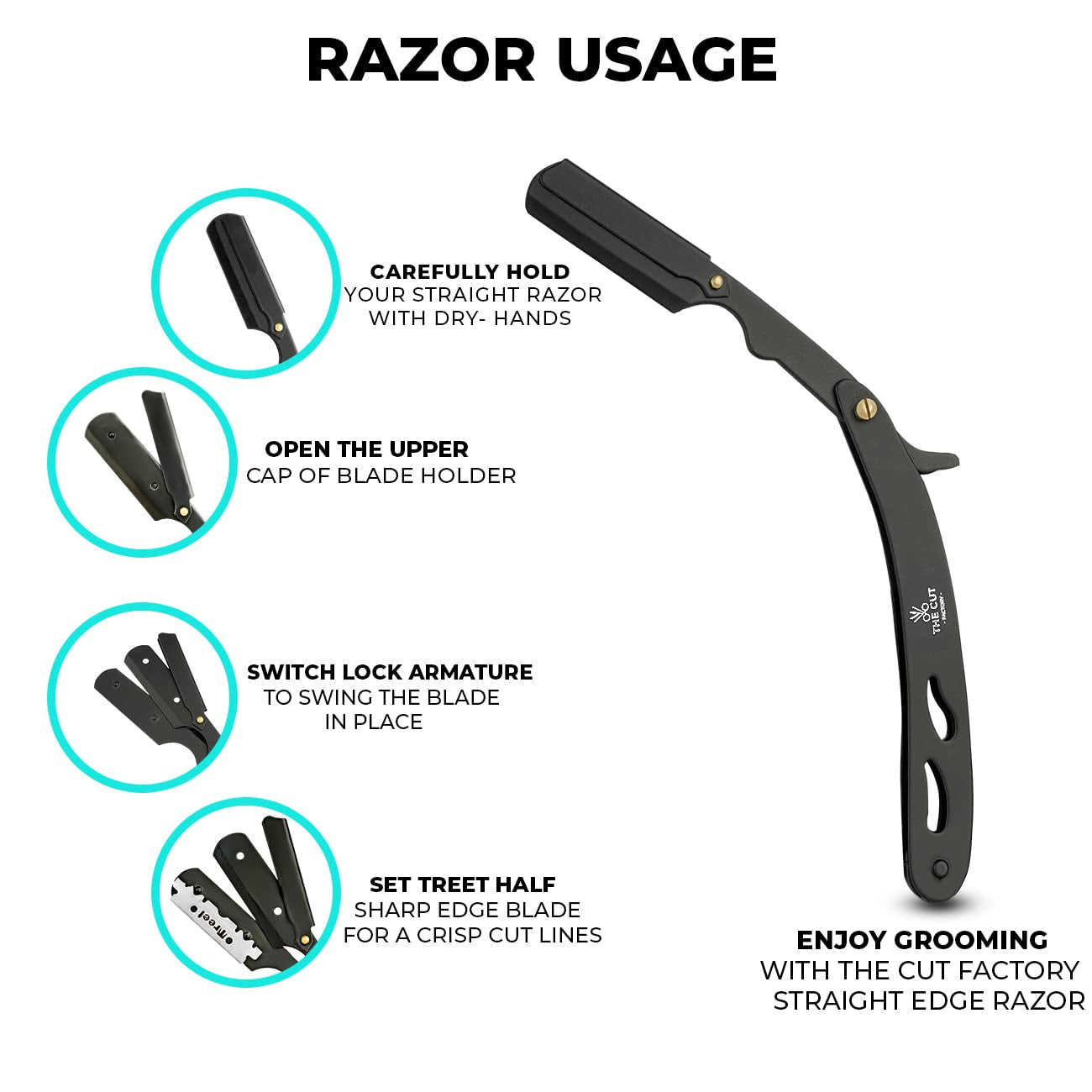 The Cut Factory® Straight Razor for Men Professional Barber Straight Edge Razor for Comfortable Smooth Shave. Gift Box Leather Pouch 20 Single Edge Blades. Our Blades Never Fall