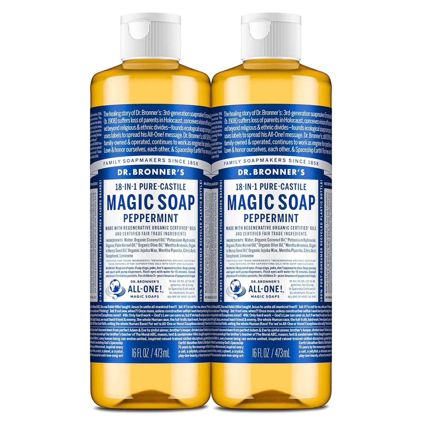 Magic Soap-Pure-Castile Liquid Soap (Peppermint, 16 Ounce, 2-Pack)-Regenerative Organic Certified Oils, 18-In-1 Uses: Body, Hair, Laundry, Pets & Dishes, Concentrated, Vegan, Non-Gmo
