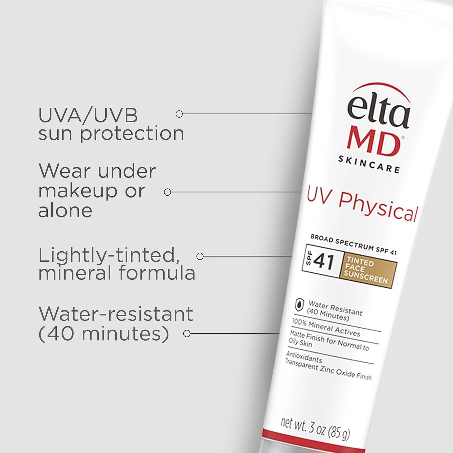 UV Physical Tinted Mineral Sunscreen for Face - SPF 41 Tinted Sunscreen for Face, 100% Mineral, 3.0 Oz Tube