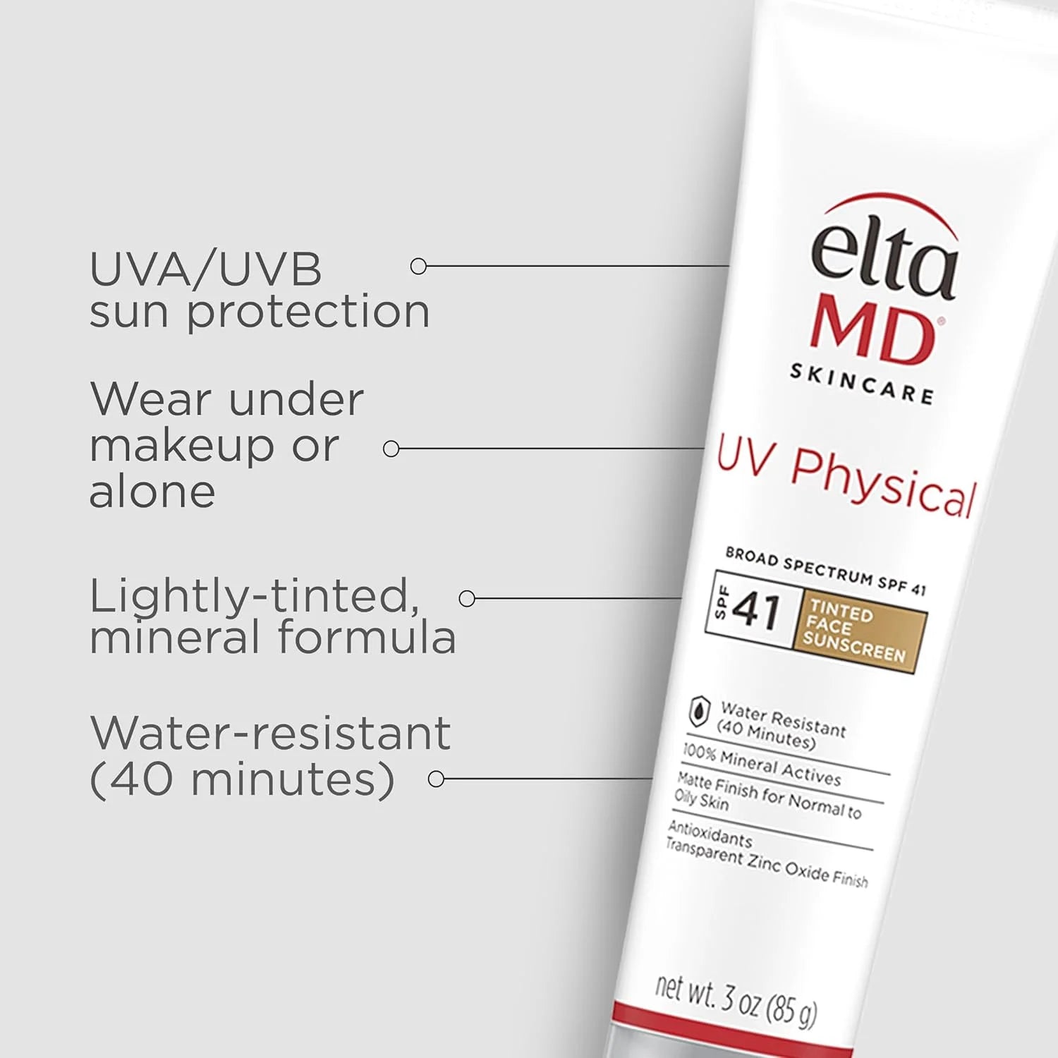 UV Physical Tinted Mineral Sunscreen for Face - SPF 41 Tinted Sunscreen for Face, 100% Mineral, 3.0 Oz Tube
