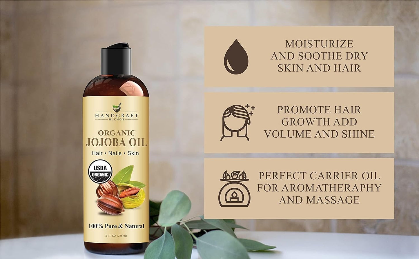USDA Organic Jojoba Oil | Cold-Pressed | 8 Fl Oz | 100% Pure & Natural | for Hair, Skin & Face | Premium Grade Carrier Oil | for Massage & Aromatherapy | Hexane-Free