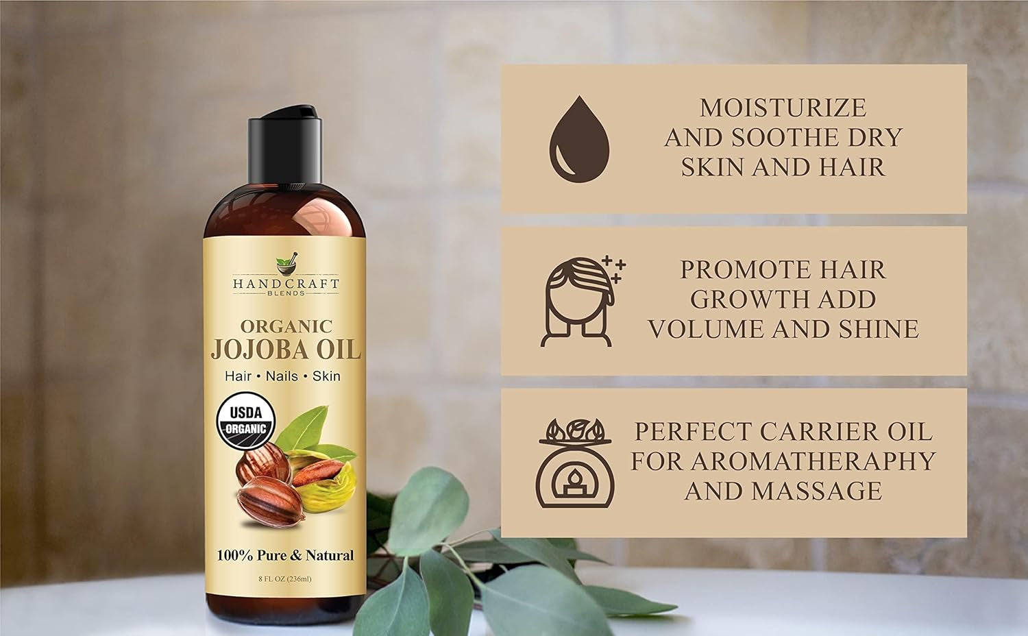USDA Organic Jojoba Oil | Cold-Pressed | 8 Fl Oz | 100% Pure & Natural | for Hair, Skin & Face | Premium Grade Carrier Oil | for Massage & Aromatherapy | Hexane-Free