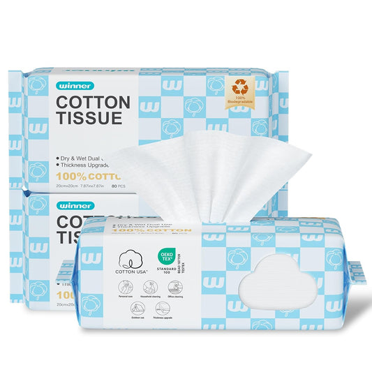 Soft Face Towels, Upgraded Thicker 100% USA Cotton Dry Wipes, Unscented and Gentle on Sensitive Skin, Disposable Makeup Remover and Facial Towelettes (240 Count, Pack of 3)