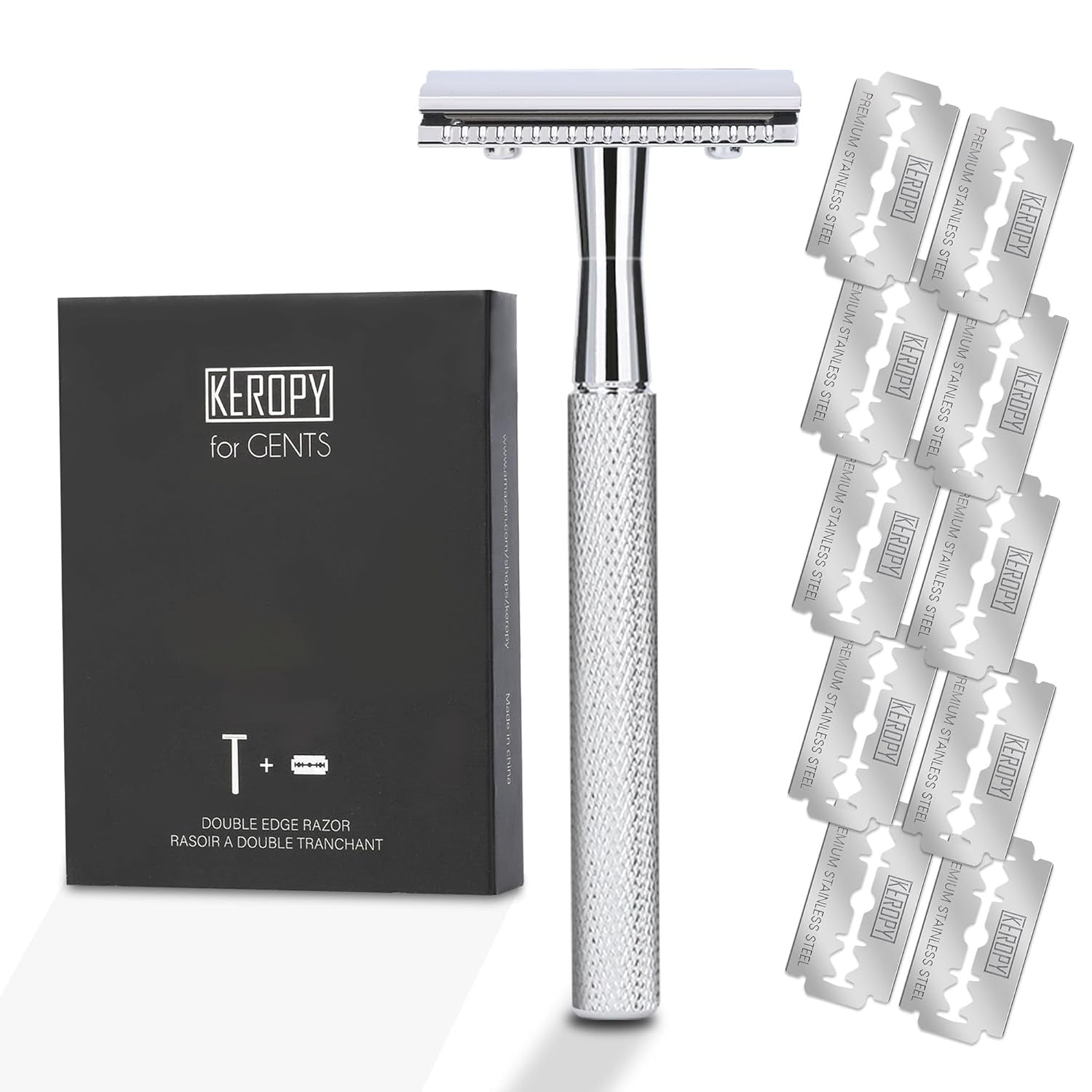 Double Edge Safety Razor with 10 Premium Stainless Steel Reusable Single Blade Razors for Men and Women, Smooth Wet Shave Experience, Glossy Silver