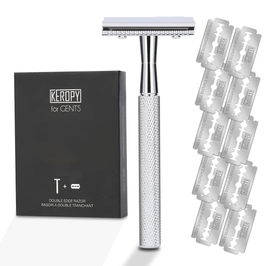 Double Edge Safety Razor with 10 Premium Stainless Steel Reusable Single Blade Razors for Men and Women, Smooth Wet Shave Experience, Glossy Silver