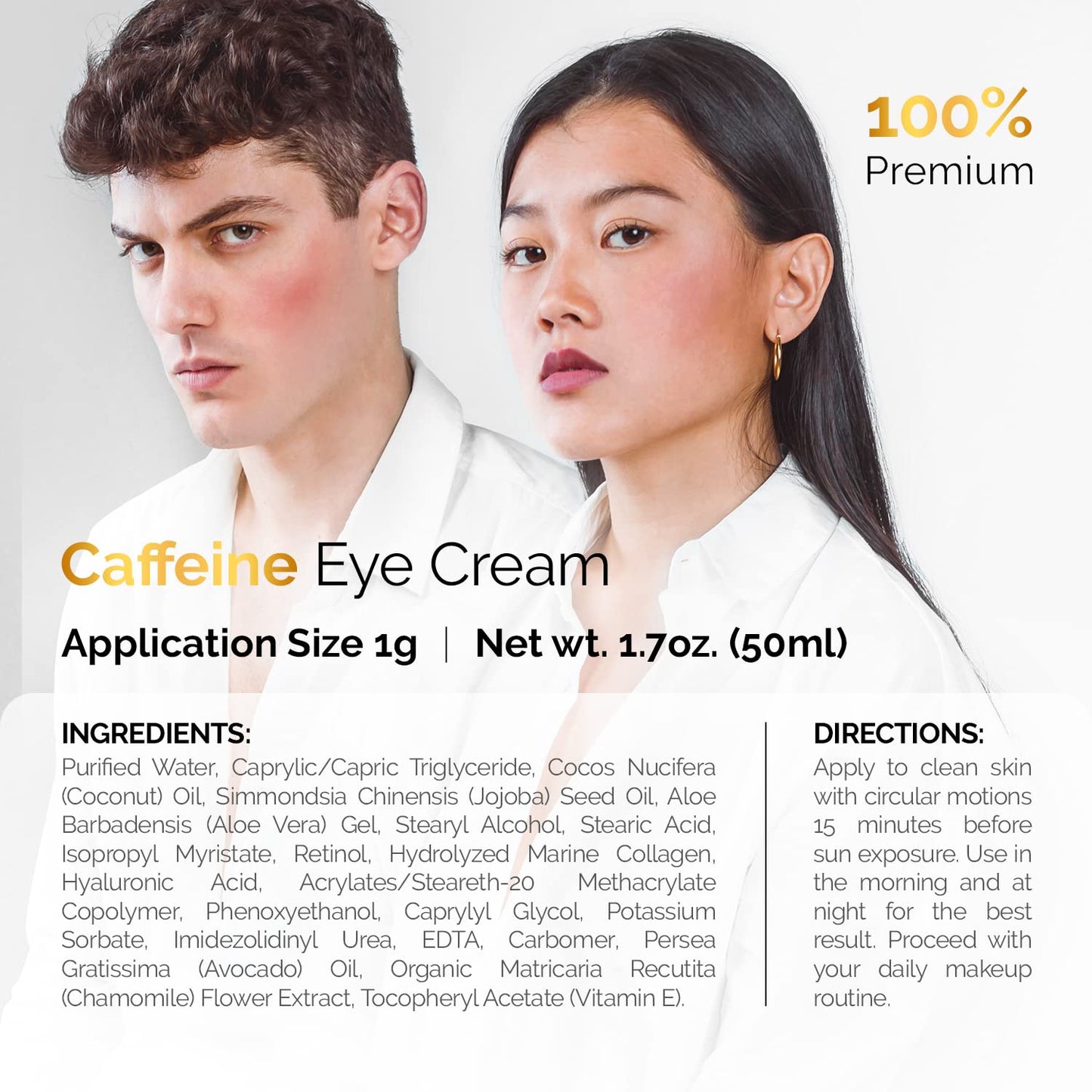Caffeine Eye Cream for anti Aging, Dark Circles, Bags, Puffiness. Great under Eye Skin + Face Tightening, Eye Lift Treatment for Men & Women 1.7Oz