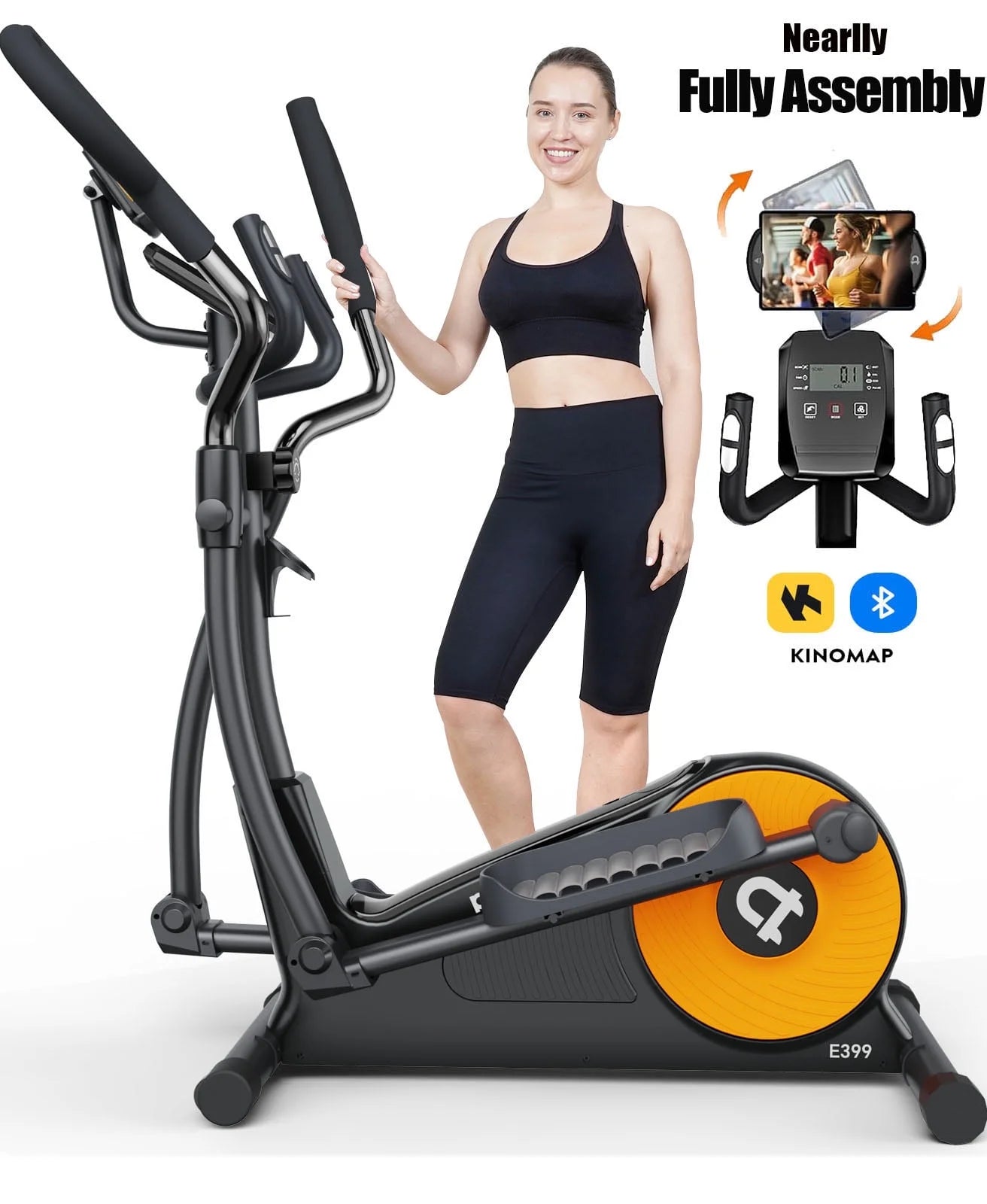 Build-In Bluetooth Silent Magnetic Elliptical Exercise Bike for Home Elliptical Training Machines 450Lbs Nearlly Fully Assembled with 17 Stride Length