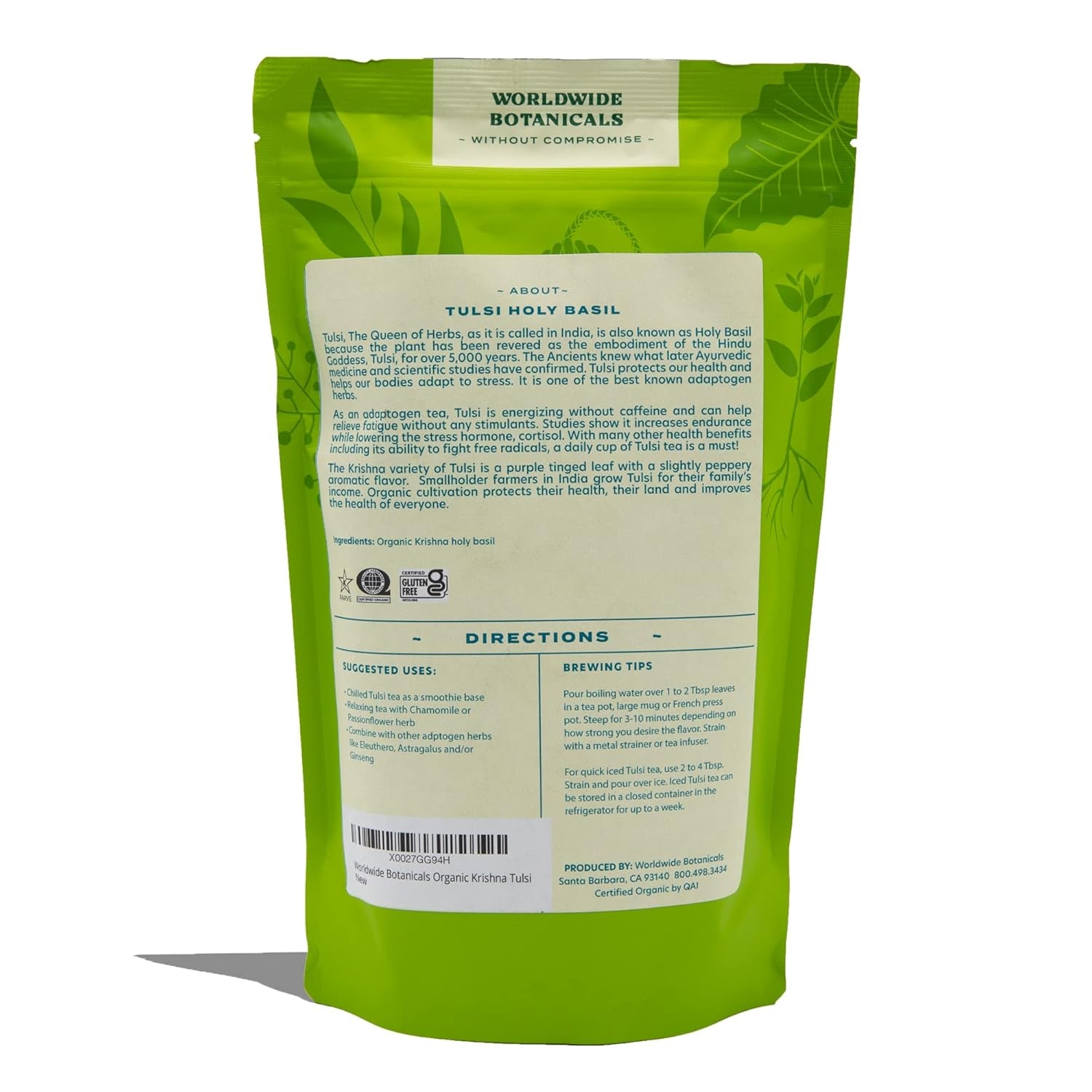 Organic Holy Basil Tea, 8Oz - Tulsi Krishna - Loose Leaf Premium Herbal Tea, 100% Pure Tulsi Holy Basil, Fair Trade, Adaptogenic, Kosher