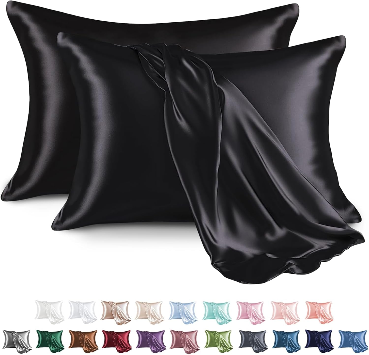 Satin Pillowcase for Hair and Skin, Silk Satin Pillowcase 2 Pack, Queen Size Pillow Cases Set of 2, Silky Pillow Cover with Envelope Closure (20X30, Black)