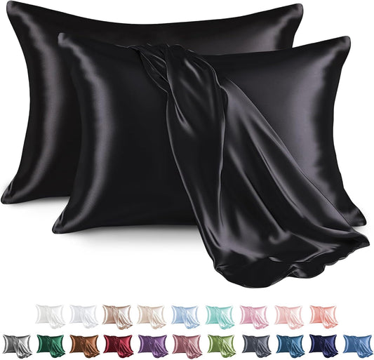 Satin Pillowcase for Hair and Skin, Silk Satin Pillowcase 2 Pack, Queen Size Pillow Cases Set of 2, Silky Pillow Cover with Envelope Closure (20X30, Black)