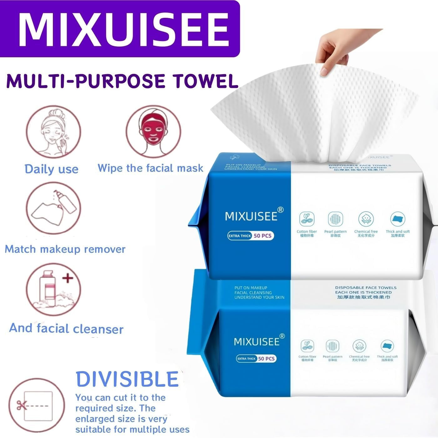 Disposable Face Towels,  Thick and Soft Face Towels. 100% Pure Cotton, Super Thick 150%. Suitable for Makeup Removal and Cleansing, and Applicable to Sensitive Skin. (Extra Thick 150 Pieces)