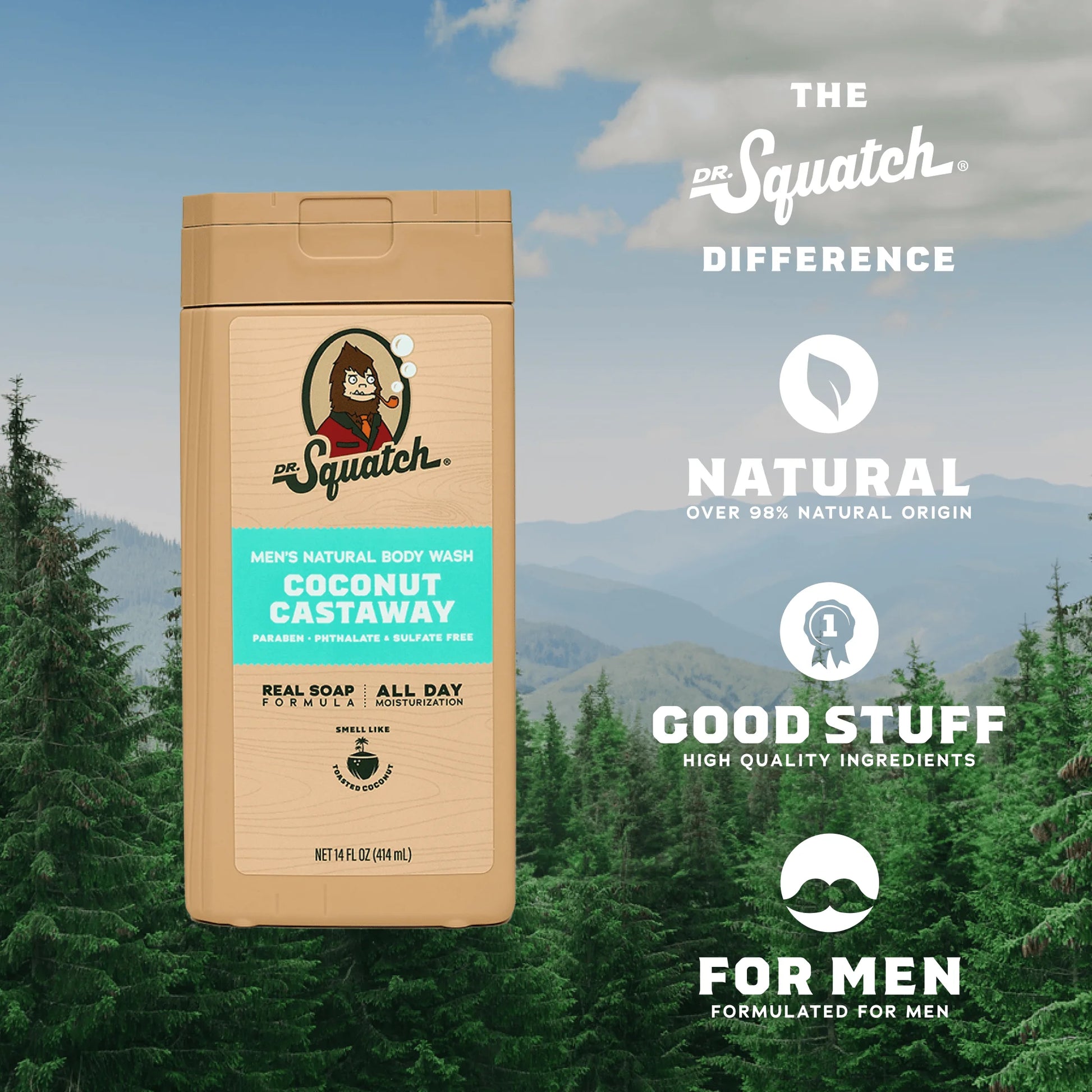 Coconut Castaway Natural Body Wash for Men, 14 Fl Oz
