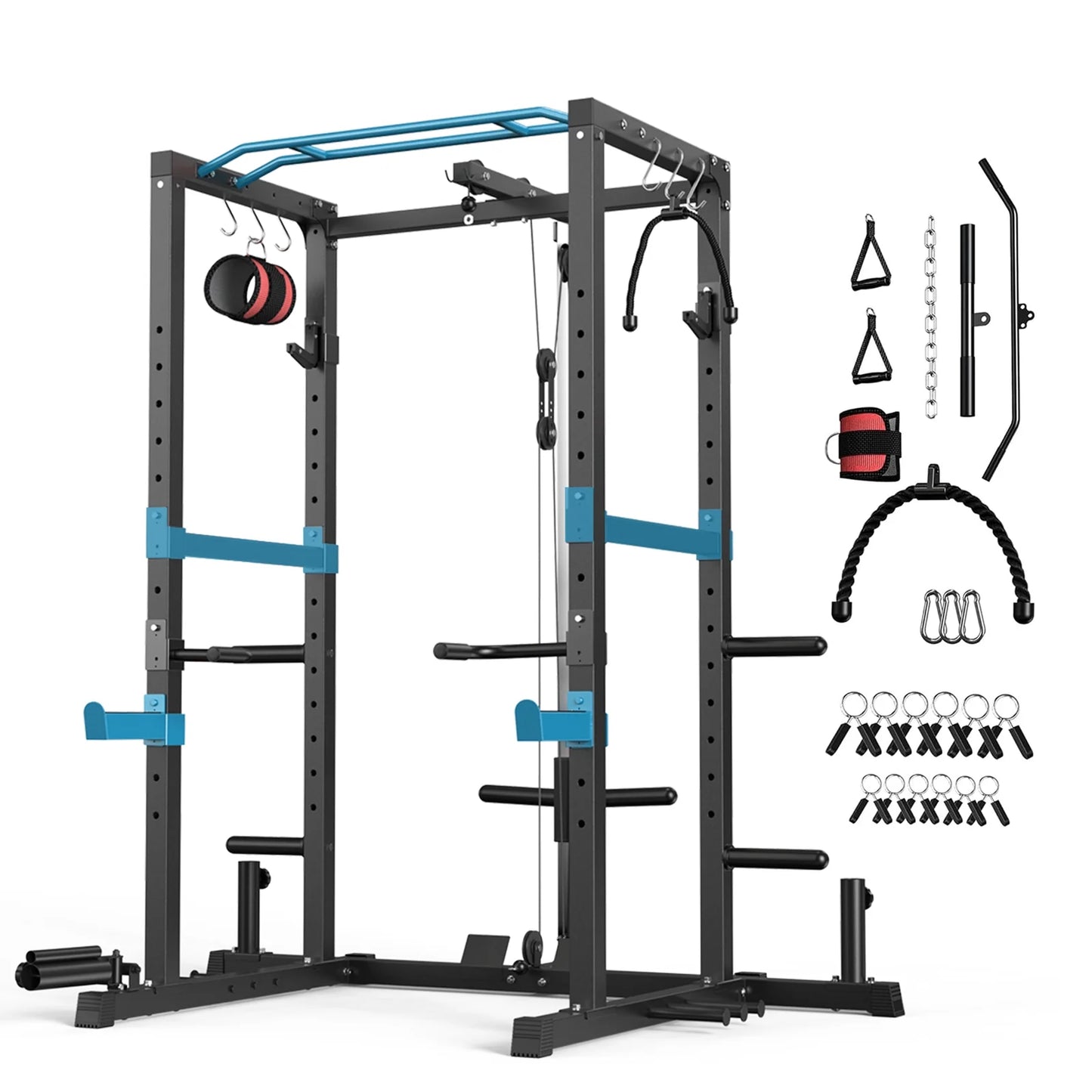Power Cage, 1200Lbs Multi-Function Power Rack with Lat Pulldown and Pulley System and More Training Attachment, Weight Cage for Home Gym