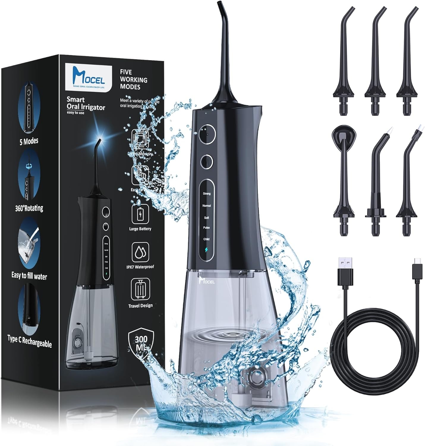 Water Dental Flosser OLED Display Cordless Teeth Cleaning  5 Modes Oral Irrigator 300ML Portable and USB C Rechargeable IPX7 Waterproof Floss Teeth Pick (Black)