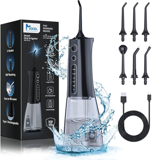 Water Dental Flosser OLED Display Cordless Teeth Cleaning  5 Modes Oral Irrigator 300ML Portable and USB C Rechargeable IPX7 Waterproof Floss Teeth Pick (Black)