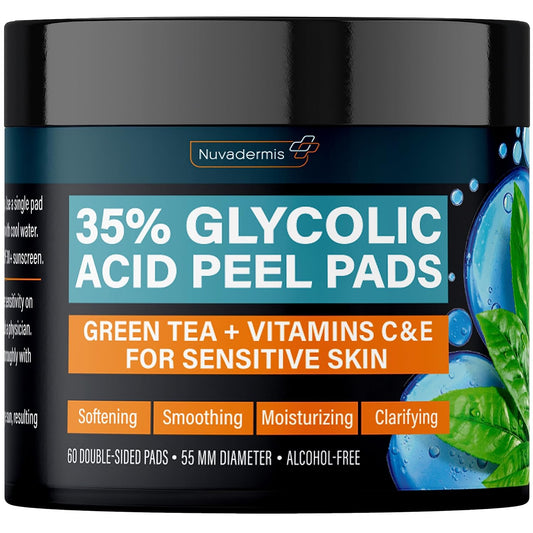 35% Glycolic Acid Peel Pads – Exfoliating Facial Resurfacing for Blackheads, Dark Spots, and Acne – Safe for Sensitive Skin – 60 Double-Sided Pads