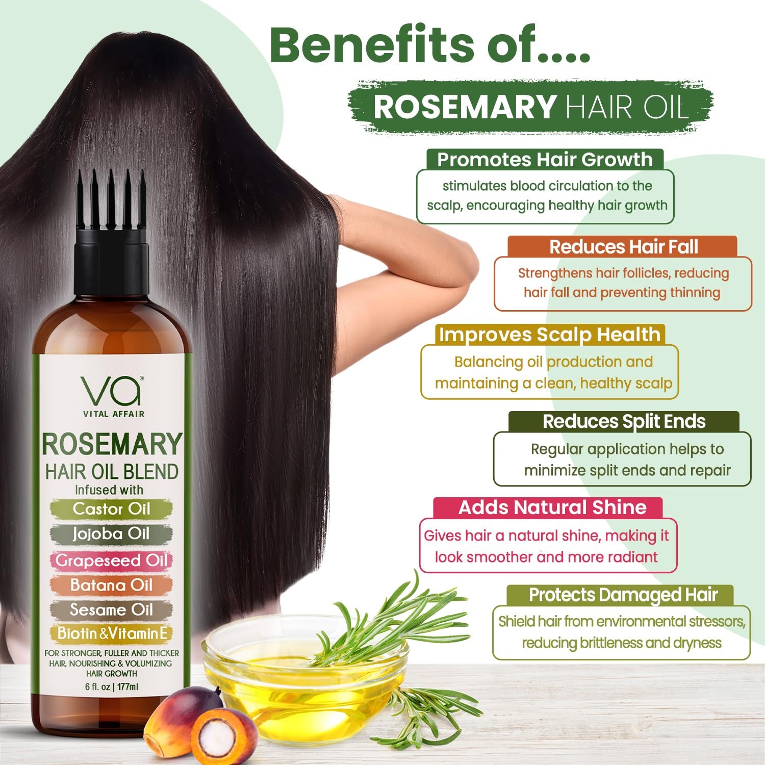 Blend of Pure Rosemary Oil for Hair Growth with Castor, Batana, Jojoba Oil-Infused with Biotin & Vitamin E-Blend of Effective Hair Oils for Hair Growth-Strengthening Treatment 6 Fl Oz