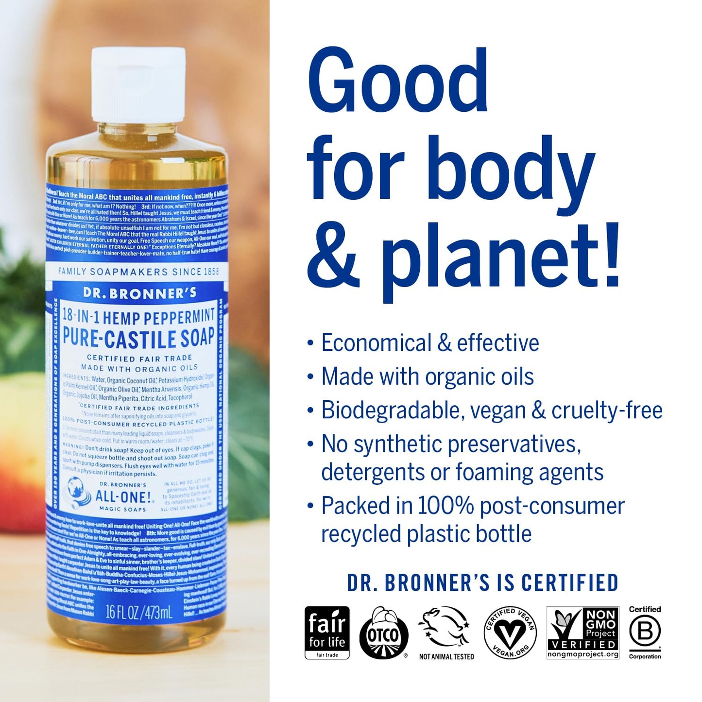 Magic Soap-Pure-Castile Liquid Soap (Peppermint, 16 Ounce, 2-Pack)-Regenerative Organic Certified Oils, 18-In-1 Uses: Body, Hair, Laundry, Pets & Dishes, Concentrated, Vegan, Non-Gmo