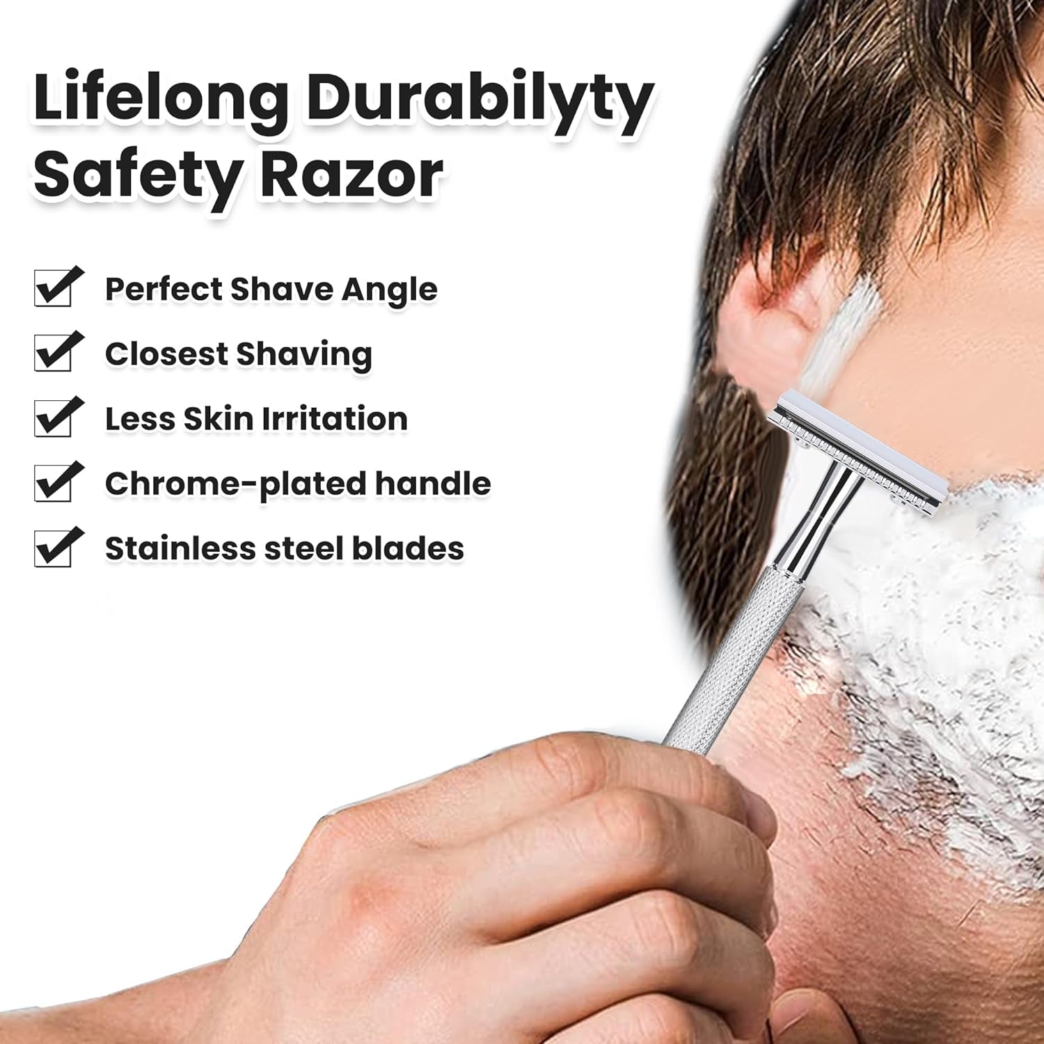 Double Edge Safety Razor with 10 Premium Stainless Steel Reusable Single Blade Razors for Men and Women, Smooth Wet Shave Experience, Glossy Silver