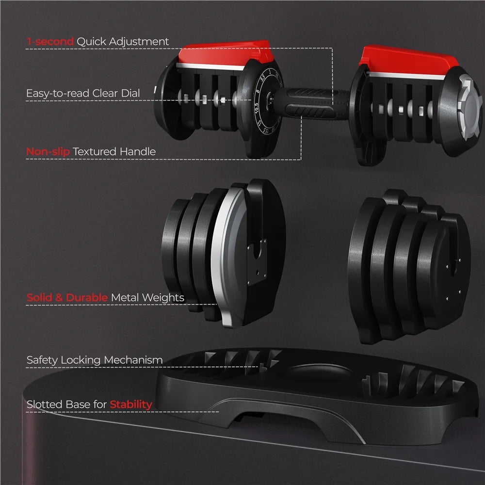 11-In-1 Adjustable Dumbbell Weight for Home Gym, Black & Red