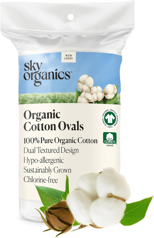Organic Large Oval Cotton Pads, 100% Pure Organic Cotton, GOTS Certified Cotton, Dual Textured Design, for Makeup Removal, Cleansing, Toner Application W Ebook