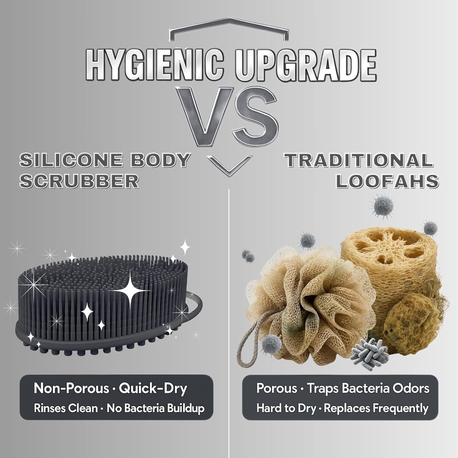 Silicone Body Scrubber – Gentle Shower Brush & Loofah Alternative- Food Grade & Lab Tested – Fast-Drying, Hygienic, Bpa-Free Silicone Body Gentle Exfoliator (Dark Gray, Massage)