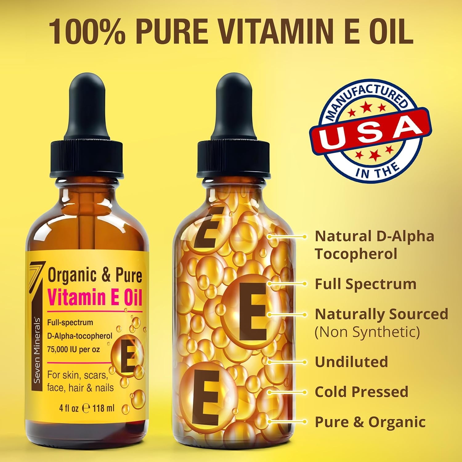 Ultra Pure Vitamin E Oil - 75,000 I.U. Full-Spectrum D-Alpha Tocopherol, 1 Fl Oz - 100% Organic Vitamin E Oil for Skin, Face, Hair, and Scars - Naturally Occurring = Not Synthetic