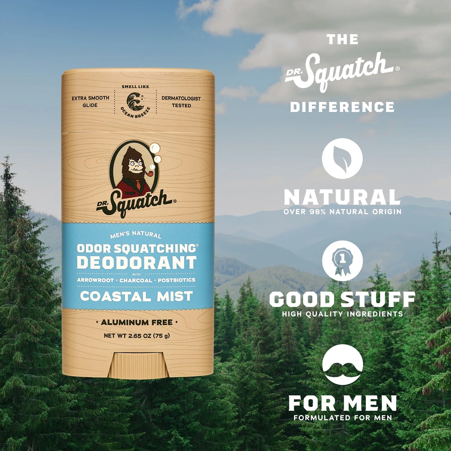 Coastal Mist Aluminum Free Natural Deodorant Stick for Men, 2.65 Oz