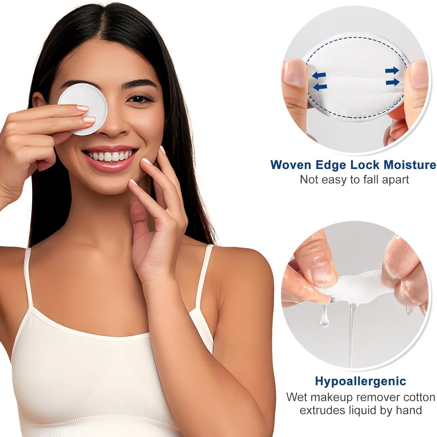 Cotton Rounds for Facial Cleansing and Nail Polish Removal - 100% Pure Cotton, Hypoallergenic Makeup Remover Pads, Lint-Free Multi-Layer Design (100 Count, Pack of 3)