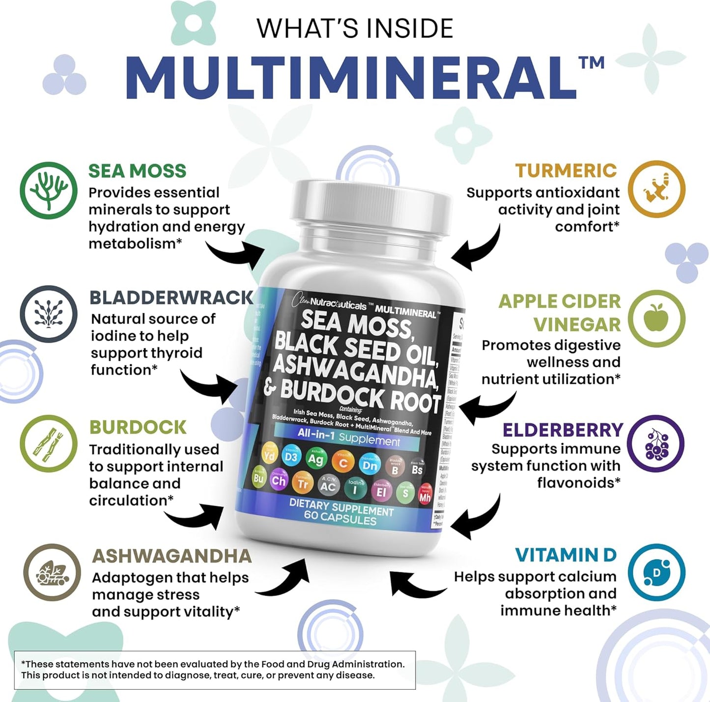 Sea Moss Black Seed Oil Ashwagandha Turmeric Bladderwrack Burdock & Vitamin C Vitamin D3 with Elderberry Manuka Dandelion Yellow Dock Iodine Chlorophyll ACV