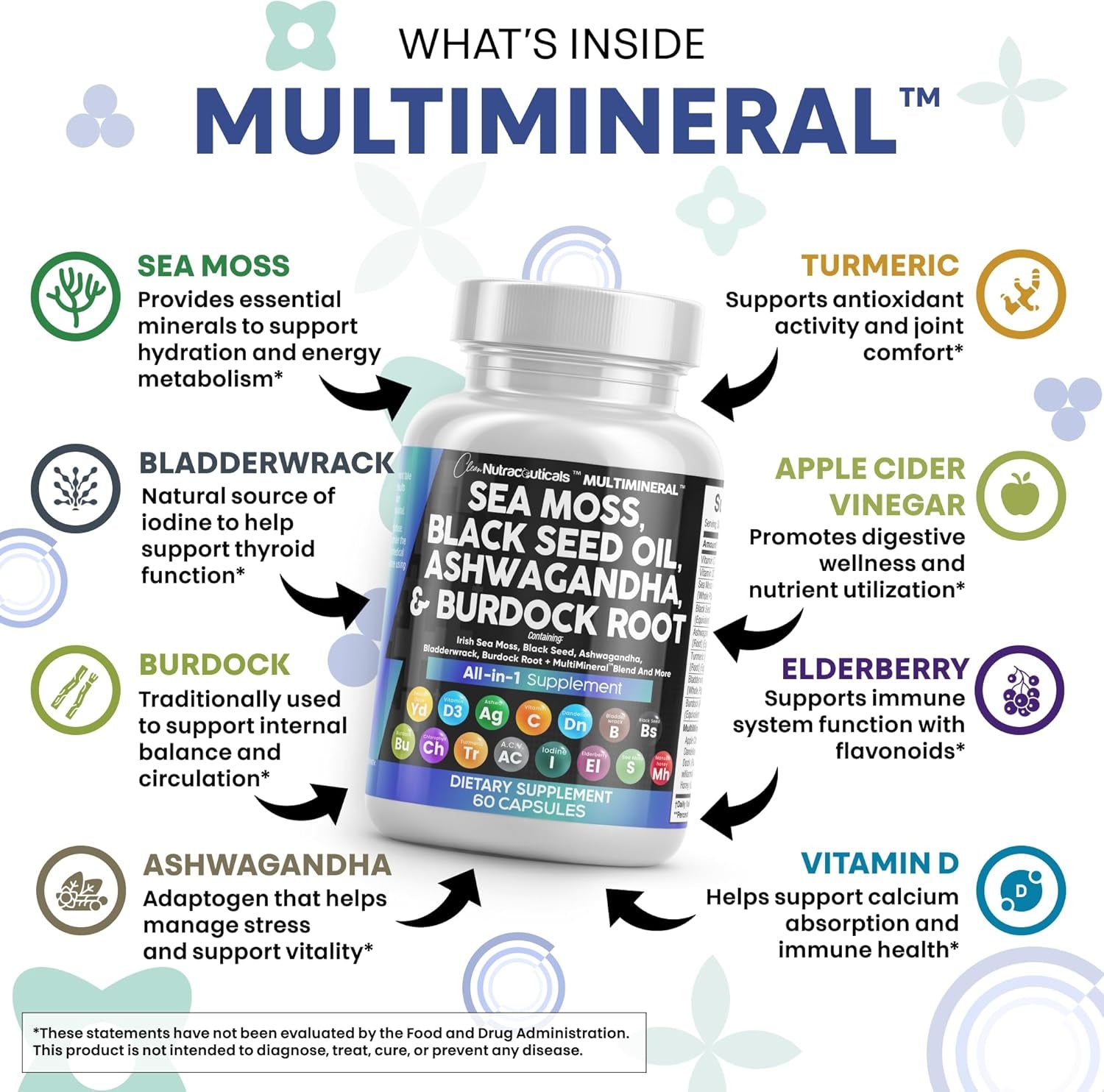 Sea Moss Black Seed Oil Ashwagandha Turmeric Bladderwrack Burdock & Vitamin C Vitamin D3 with Elderberry Manuka Dandelion Yellow Dock Iodine Chlorophyll ACV