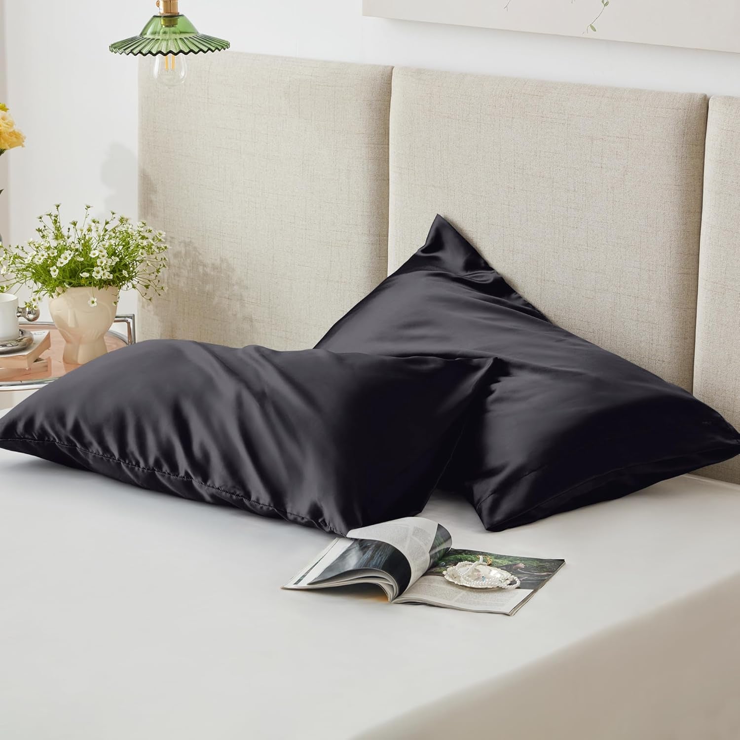 Satin Pillowcase for Hair and Skin, Similar to Silk Pillow Cases for Women, Pillow Case Queen Size Set of 2, Satin Cooling Pillow Cover with Envelope Closure, 20X30 Inches, Black