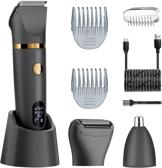 Ball Shaver for Men, 3-In-1 Multifunction Body Hair Trimmer & Pubic Shaver with Titanium Blades (No Nicks!), IPX7 Waterproof Electric Razor, LED Display, Wet/Dry