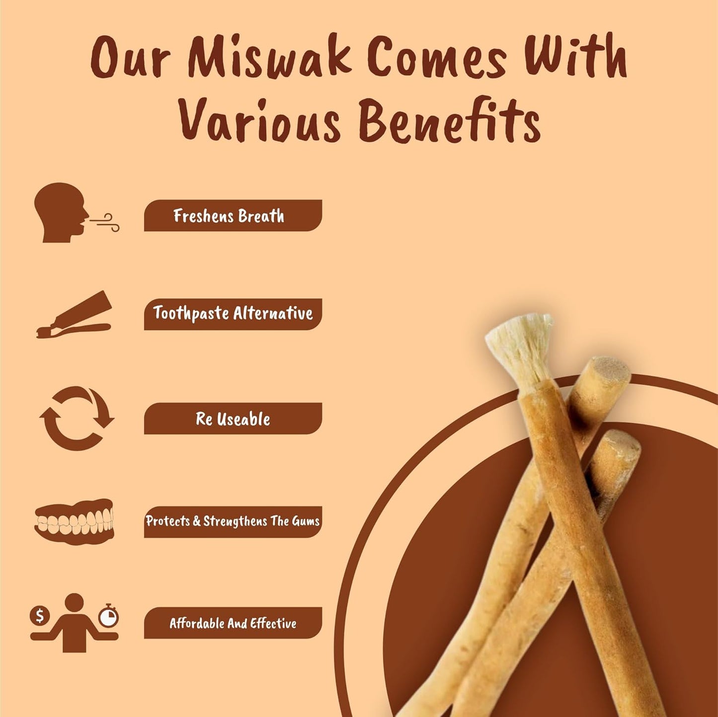 Miswak Stick for Teeth - Vacuum-Sealed Chewing Sticks, No Toothpaste Needed, Also Known as Siwak, Meswak, or مسواك | Pack of 3 Miswak Sticks with Holder