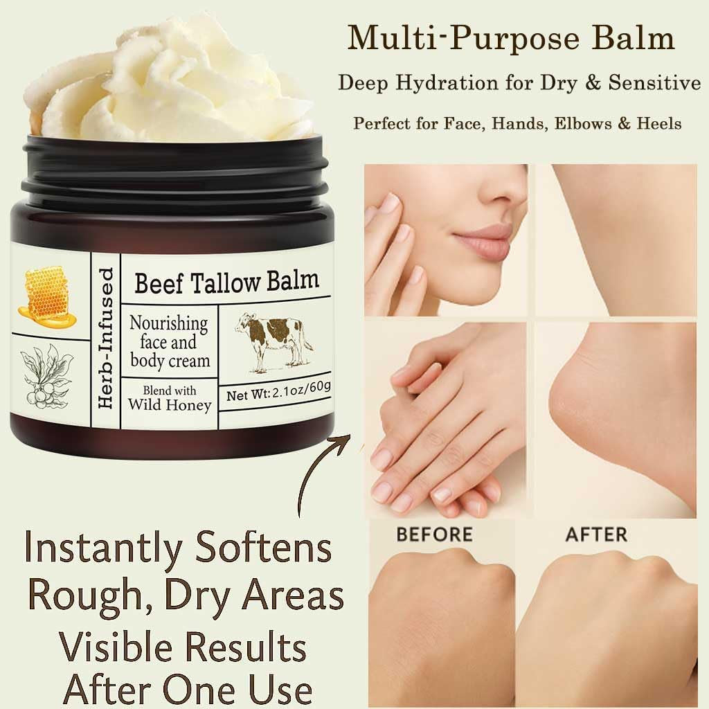Beef Tallow for Skin - Organic Grass-Fed Whipped Beef Tallow and Honey Balm - Deeply Moisturizing for Face & Body - Natural Skin Care for Soft, Supple Skin