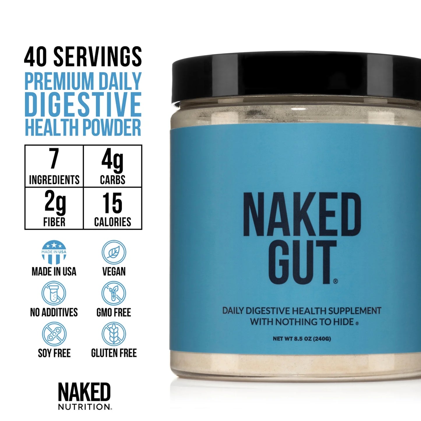 Naked Gut - Daily Gut Health Supplement - Natural Gut Health Powder for Gut Cleanse, Digestive Support, Gmo-Free, Soy-Free, Certified Gluten-Free, Vegan and Hypoallergenic, 40 Servings