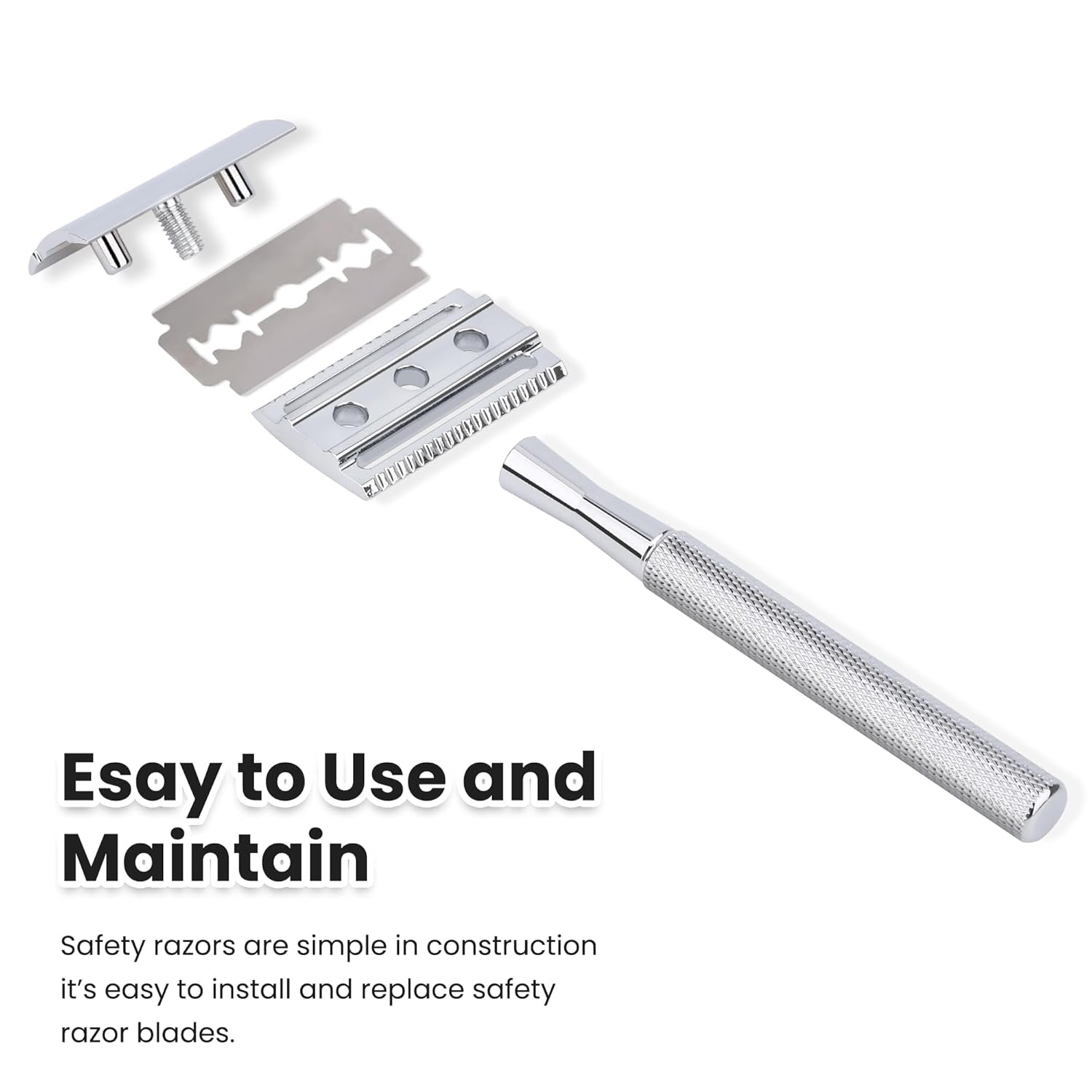 Double Edge Safety Razor with 10 Premium Stainless Steel Reusable Single Blade Razors for Men and Women, Smooth Wet Shave Experience, Glossy Silver
