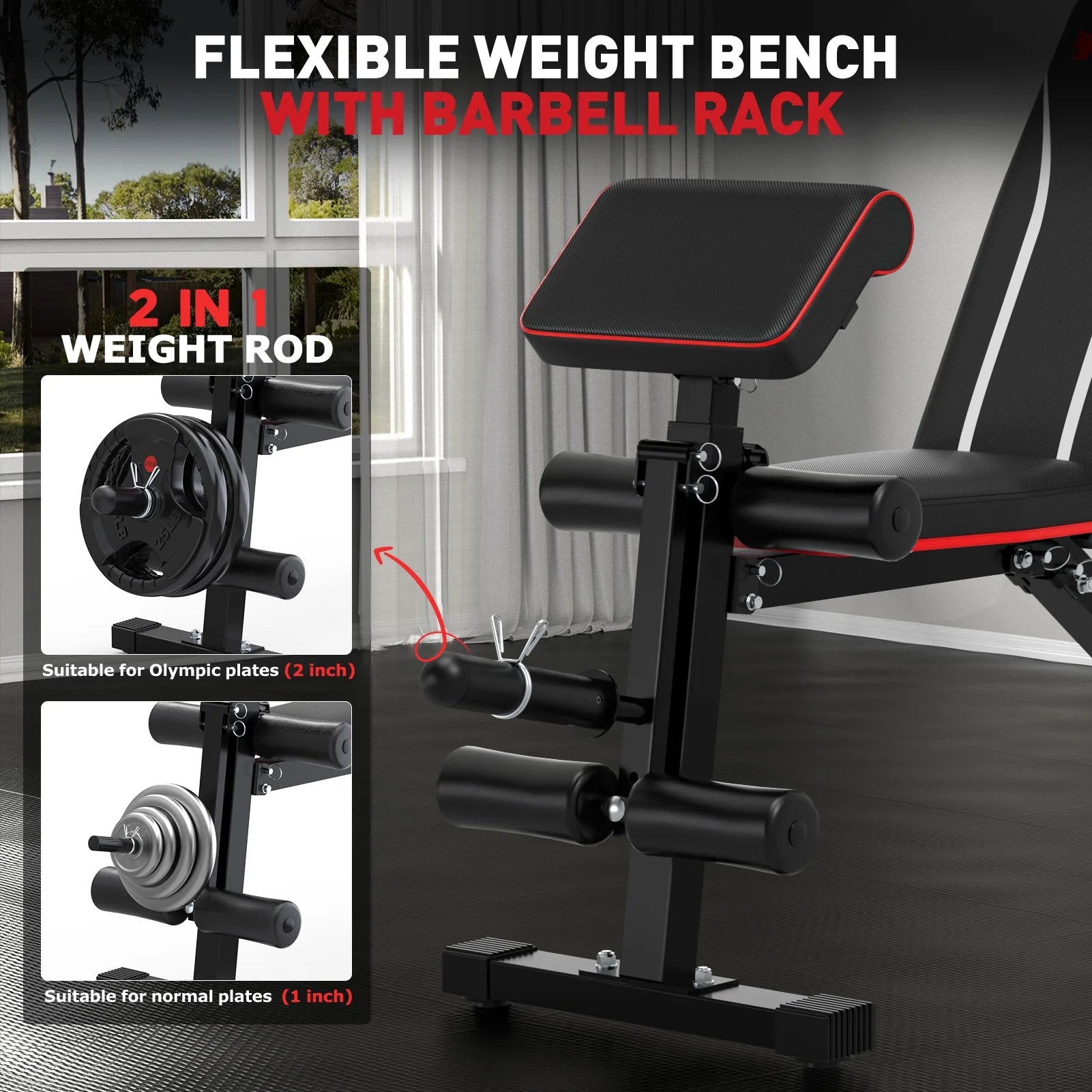 7 Positions Adjustable Weight Bench with Extended Headrest & Preacher Curl,Foldable Workout Bench Olympic Weight Bench for Home Gym Full Body Strength Training,Support up to 800Lbs