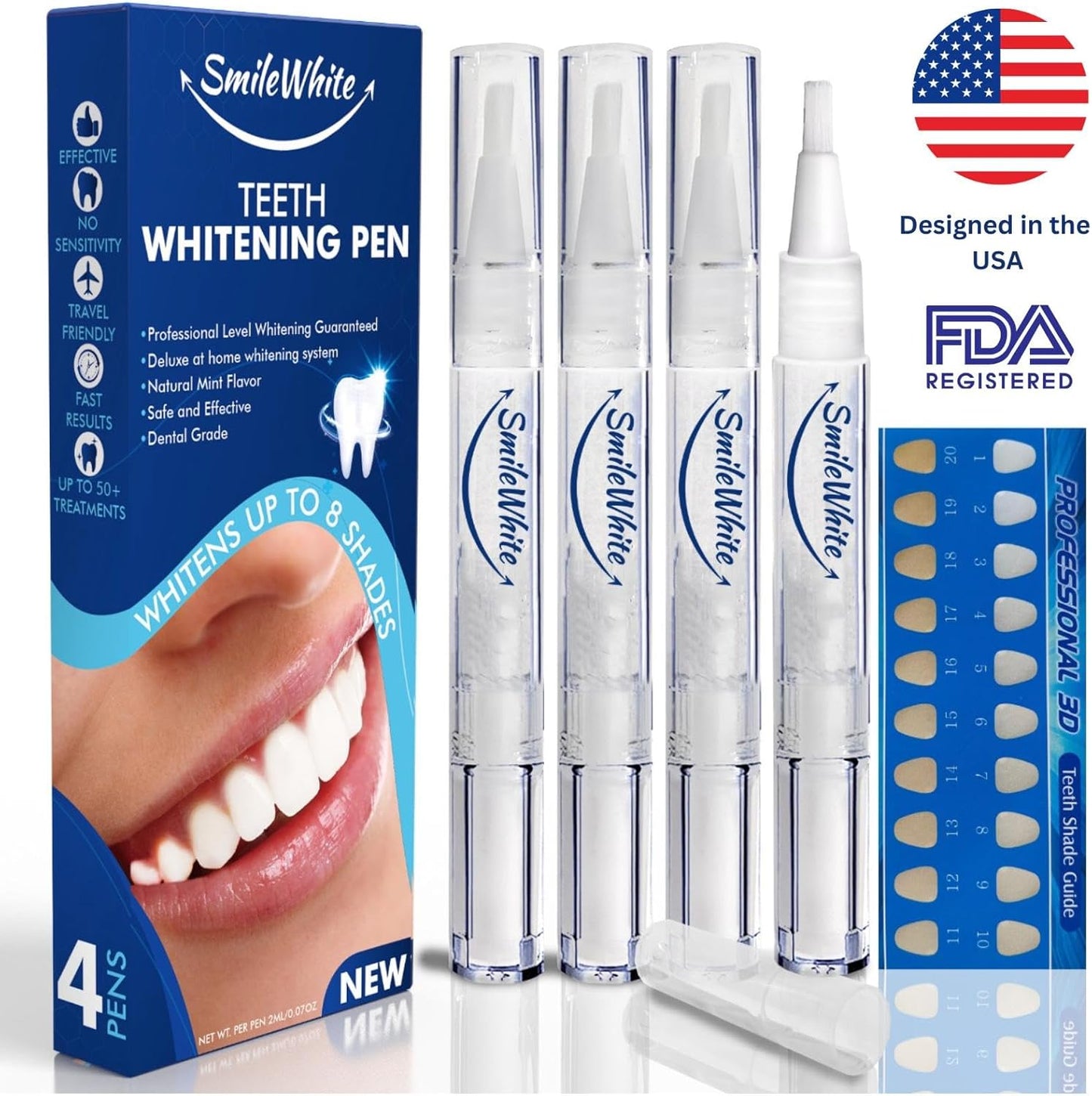 Teeth Whitening Pen (4 Pack), No Sensitivity Teeth Whitening Gel, Best Teeth Whitening Pen, Removes Stains, Effective, Enamel Safe, Fast Results, Travel Friendly, Natural Mint Flavor