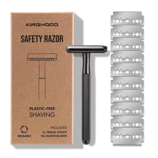Brass Safety Razor with 10 Blades,One Blade Razor Reusable Razor Eco-Friendly Razor Long Handle & Weighted Razor,Double Edge Razor Single Blade Razor for Sensitive Skin