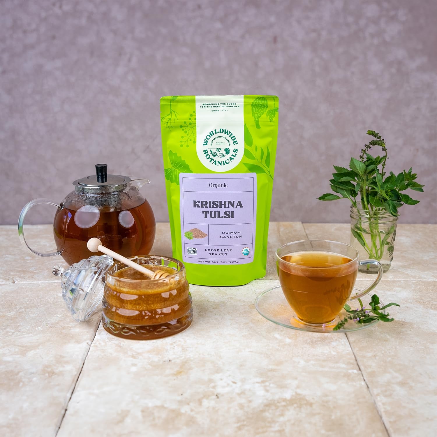 Organic Holy Basil Tea, 8Oz - Tulsi Krishna - Loose Leaf Premium Herbal Tea, 100% Pure Tulsi Holy Basil, Fair Trade, Adaptogenic, Kosher