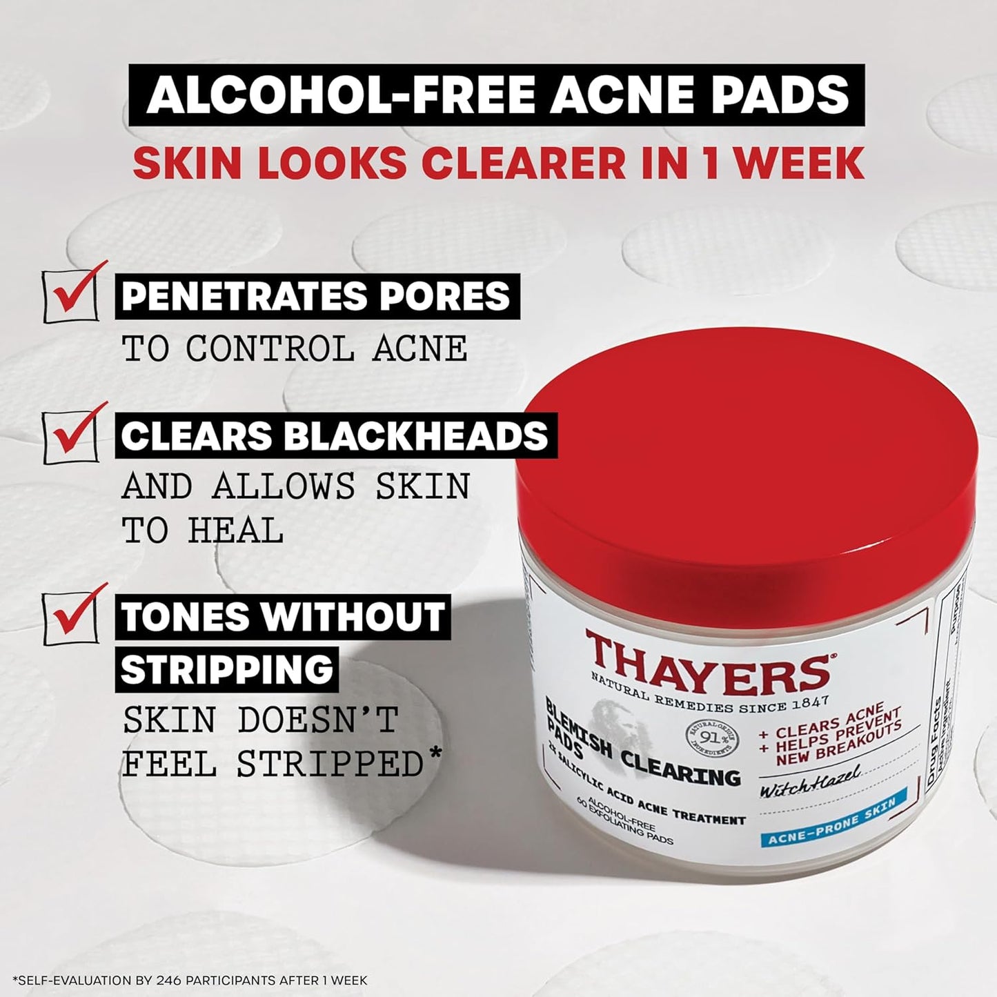 Blemish Clearing Acne Pads, Salicylic Acid Acne Treatment for Face, Pore Reducing, Exfoliating, and Soothing Skincare, Witch Hazel Toner Pads, 60 Ct