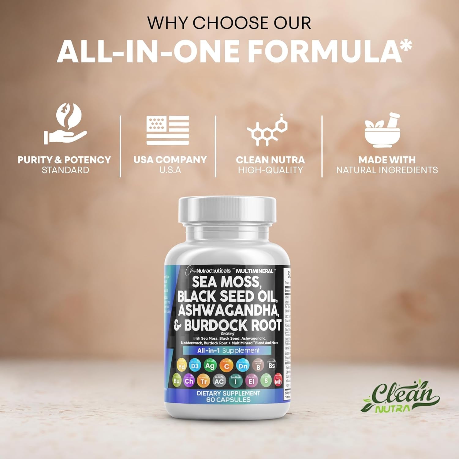 Sea Moss Black Seed Oil Ashwagandha Turmeric Bladderwrack Burdock & Vitamin C Vitamin D3 with Elderberry Manuka Dandelion Yellow Dock Iodine Chlorophyll ACV