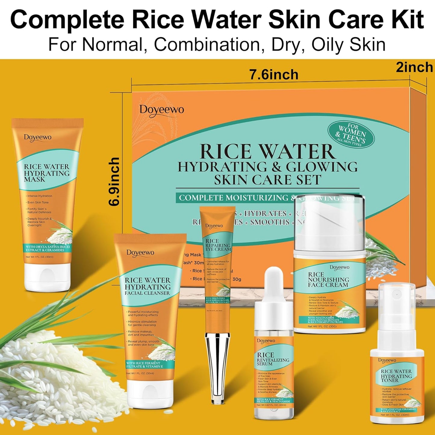 Skin Care Set,Women Teen Glass Skincare Rice Water Hydrate Glow Repair Anti-Aging Facial Routine Kit Gift Set for Womens Mom Wife Teenager Girl Birthday Trendy Stuff Christmas Gifts Stocking Stuffers